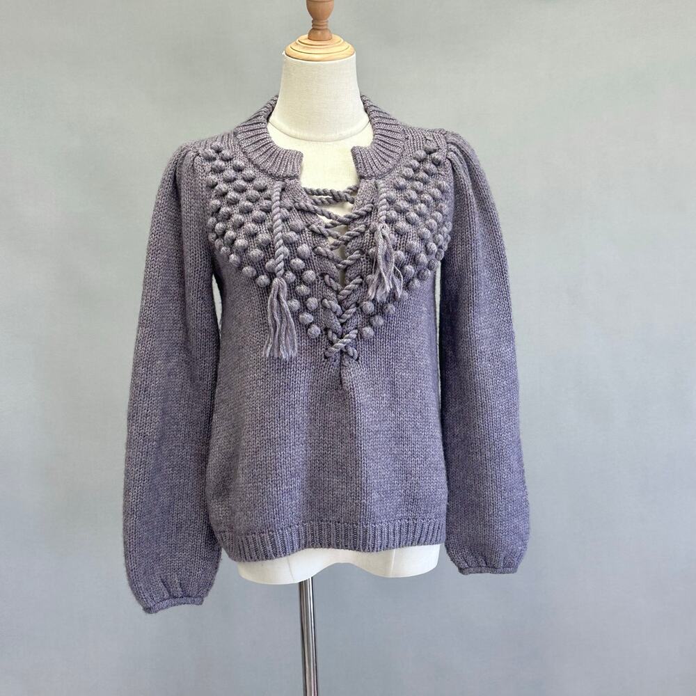Vintage 90s Moda International‎ purple pom pom chunky wool sweater Size Small